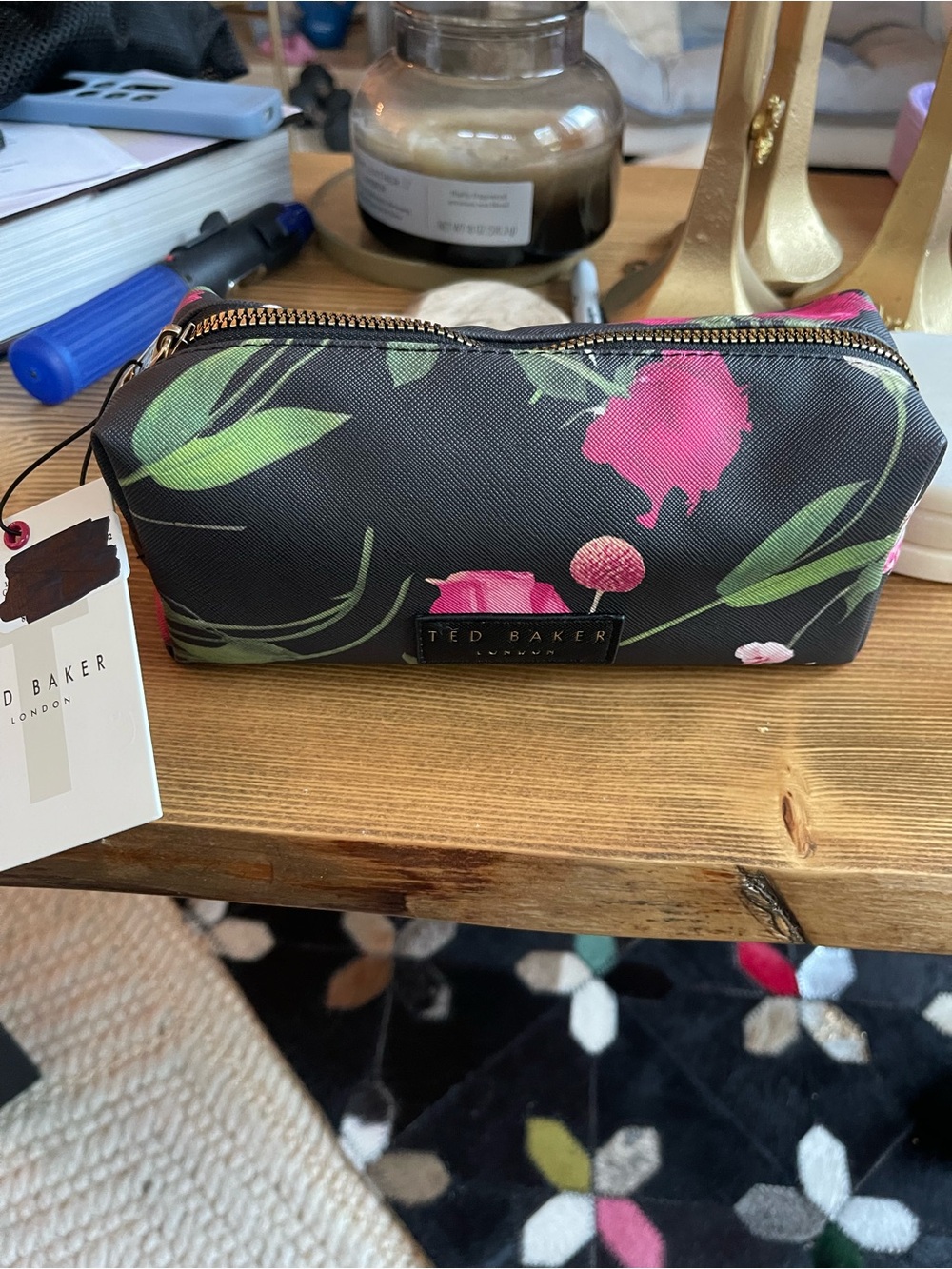 Ted Baker Black Floral Zip-Up Cosmetic Pouch with Pink Accents